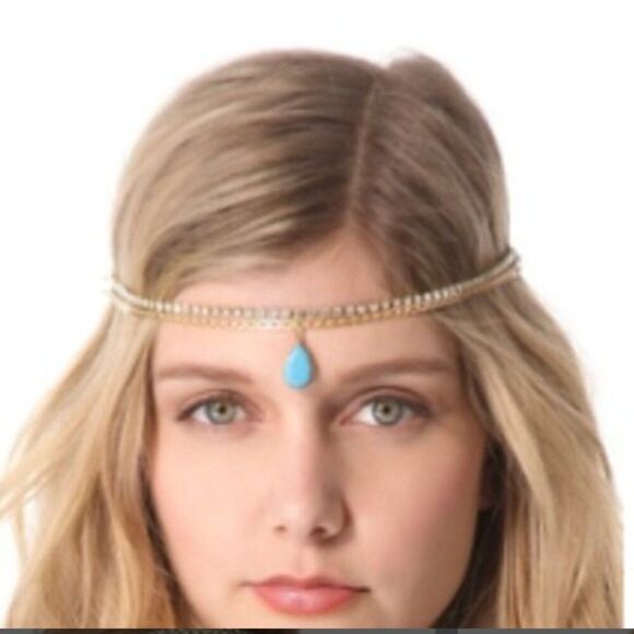 Dauphine New York Gold Boho Crystal Festival Headband HeadPiece Turquoise Bridal - Picture 1 of 9